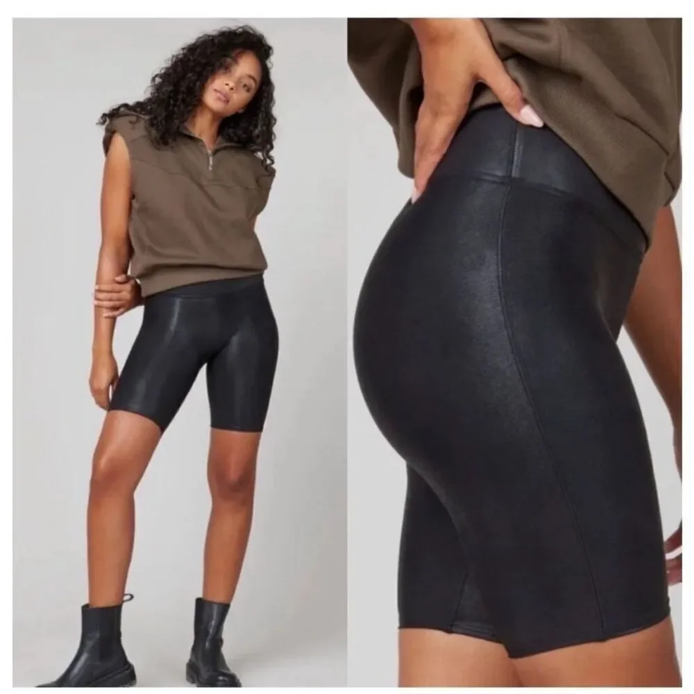 SPANX faux leather black biker shorts size XS Women's